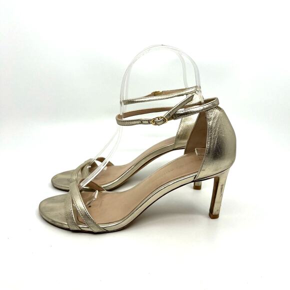 Stuart Weitzman Metallic Gold Ankle Strap Heeled Sandals Women's 5.5 - Picture 2 of 9